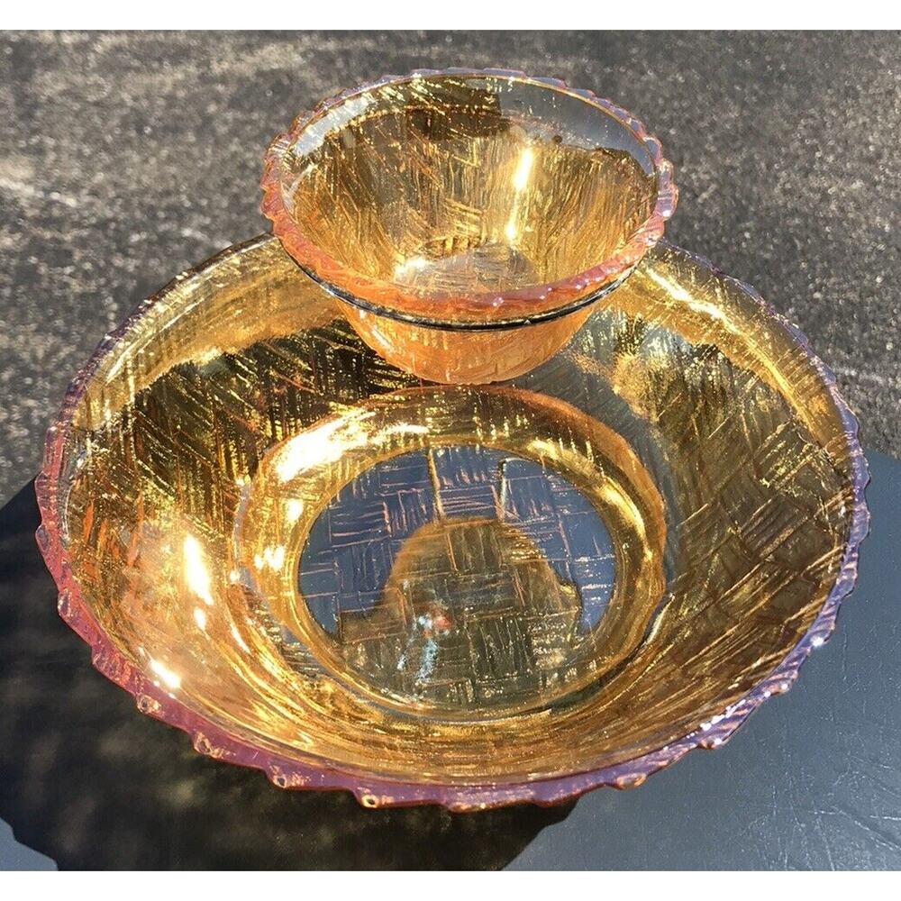 Carnival Glass Iridescent Dip Set Ruffled Edges Basket, Weave Design Vintage - Picture 1 of 8